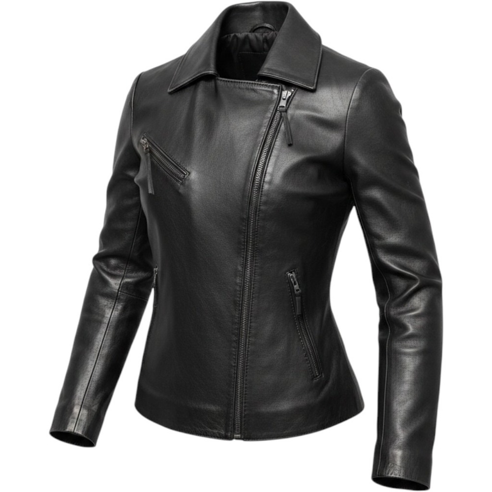 Bod & Christensen  Leather Moto Jacket XS Black Asymmetrical Zip Biker Sleek